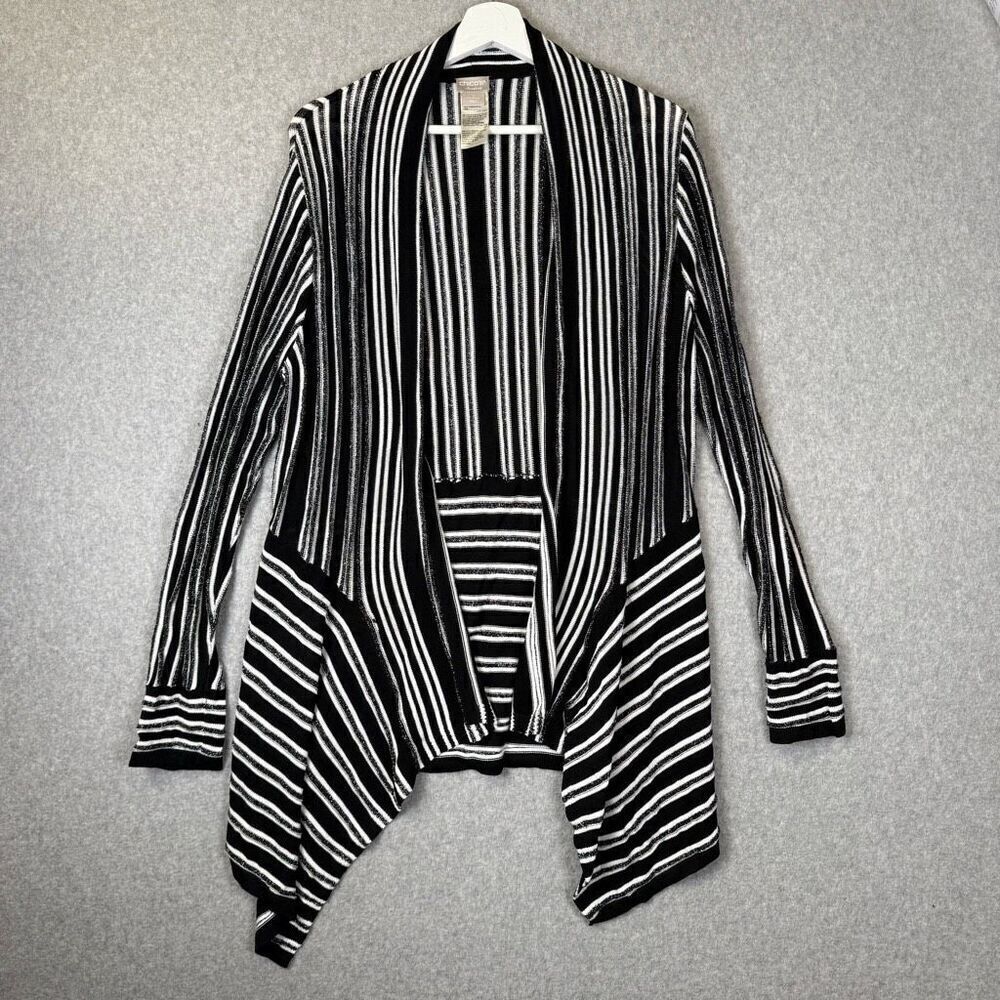 Chicos Travelers 1 US Medium Open Front Cardigan Sweater Black White Hanky Hem